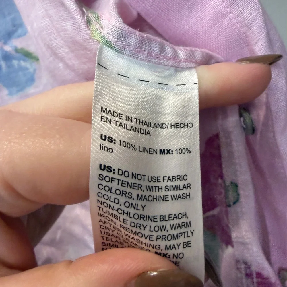 Chico's Linen Button Down Shirt Womens 2.5 L 14 Pink Floral Watercolor Excellent